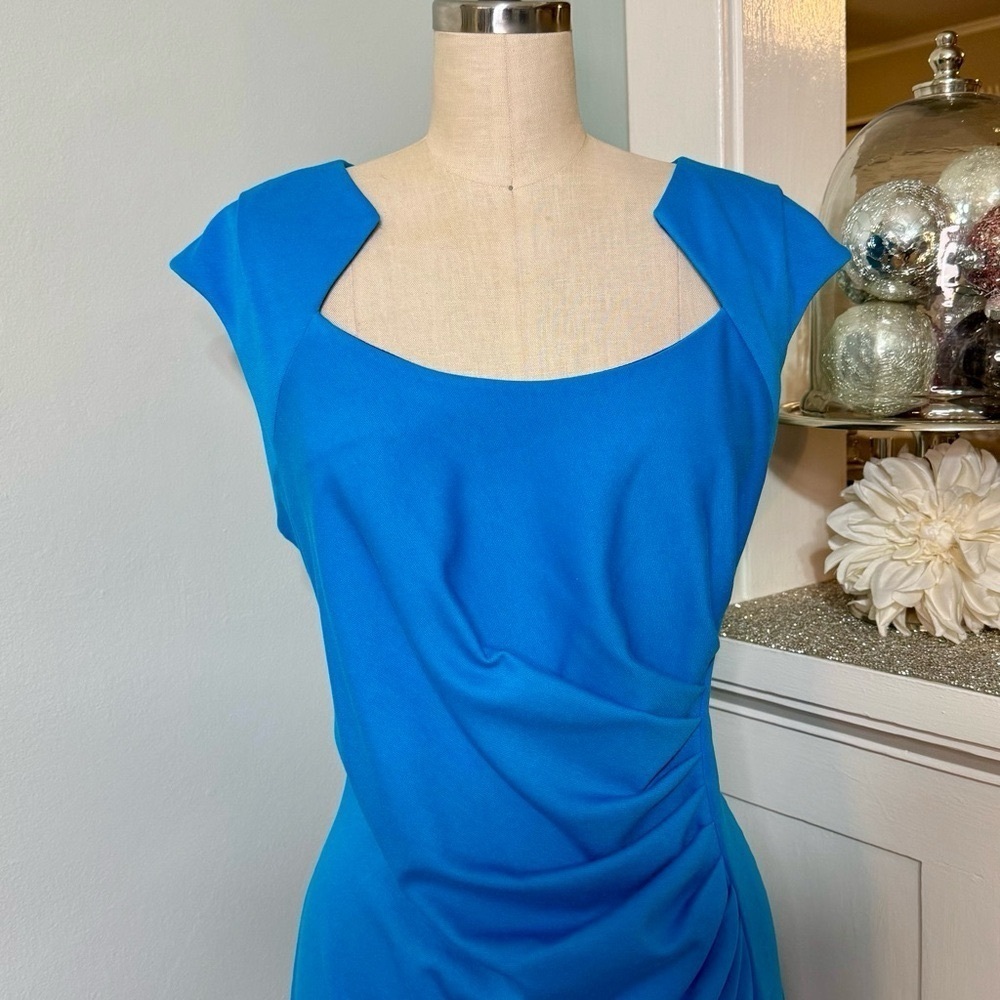 Calvin Klein Ruched Stretch Sheath Dress Blue Teal Size 14 - Picture 3 of 10